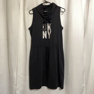 DKNY Black Cowl Neck Sleeveless Knee-Length Dress Size Medium Logo Drawstring